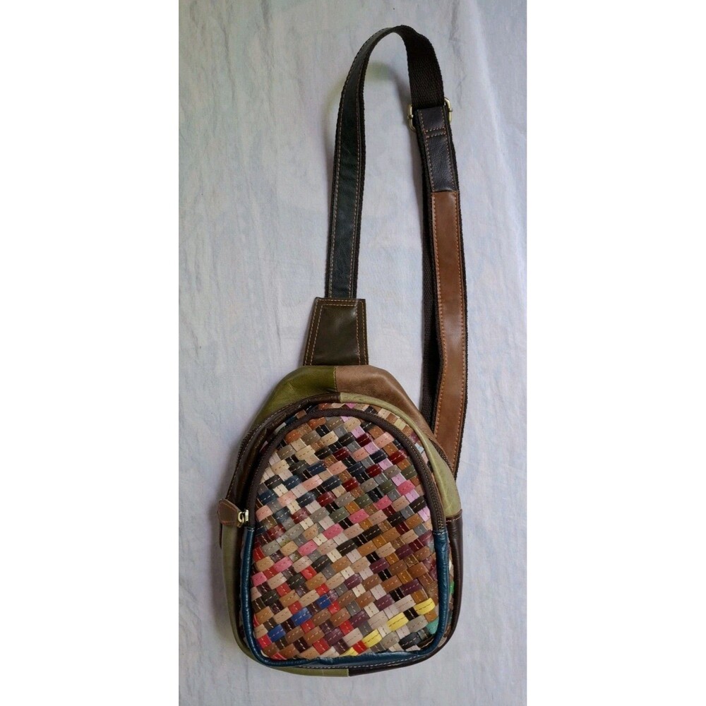 Genuine Leather Woven Crossbody Sling Bag Women Multicolor Boho Backpack Purse